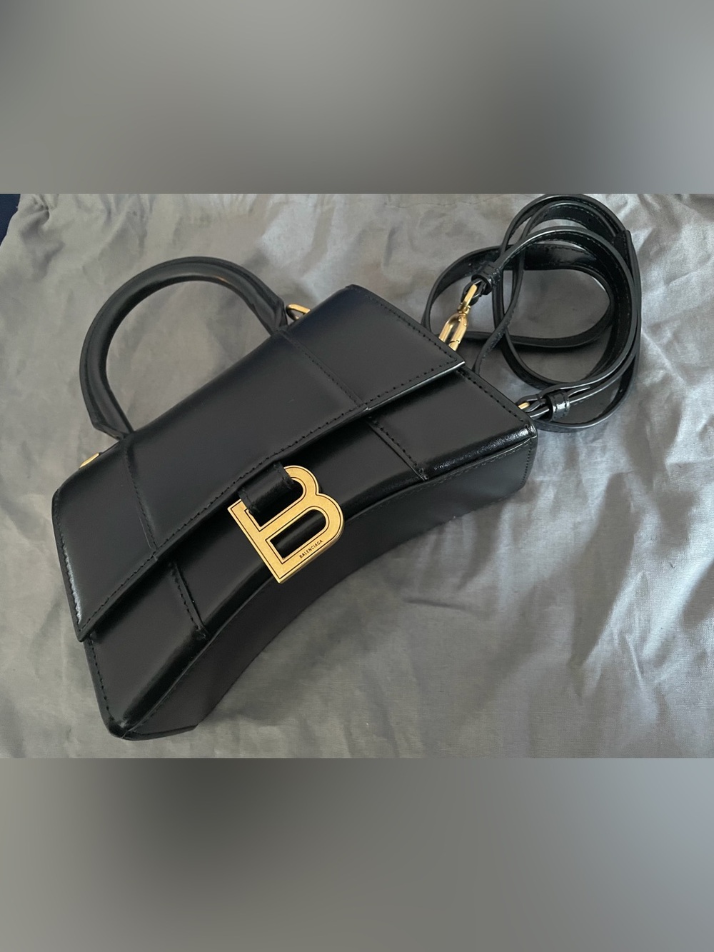 Balenciaga Black Leather Hourglass Crossbody with Gold B Clasp